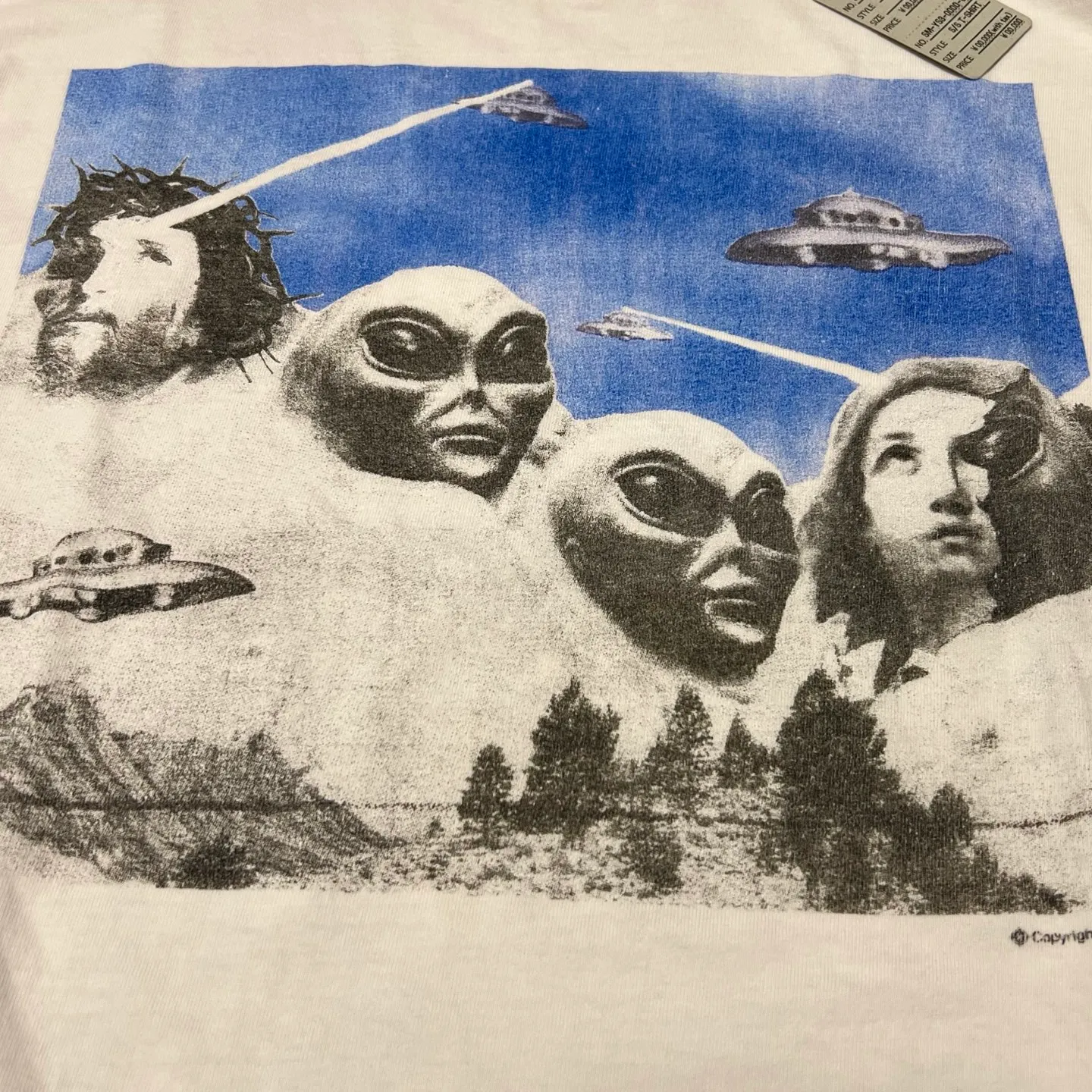 SAINT Mxxxxxx × Sean Wotherspoon SW_SS TEE/KIKI/WHT Alien Crisis/Alien President Mountain TEE Off-white S-XL Super handsome co-branded alien print design Ultra-difficult printing restoration High printing difficulty The word 'Crisis' is printed on the body and sleeve bones Correct version Customized SW co-branded accessories/cylindrical side seam fabric Enzyme heavy washing water distressing Handmade garments with graffiti and ink splashing